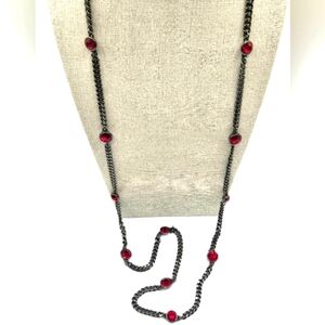 GIVENCHY Vintage Gunmetal Chain Long Necklace Ruby Round Stones